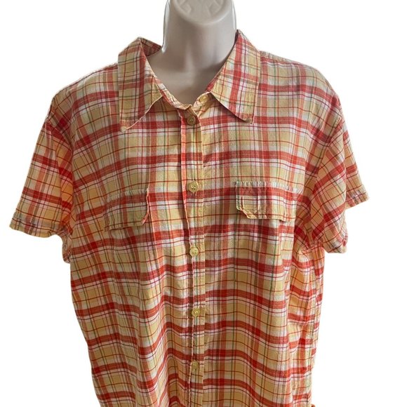 Womens Orange Plaid Button Down Blouse Top Route 66 Plus Size 18W Short Sleeve - Picture 1 of 5